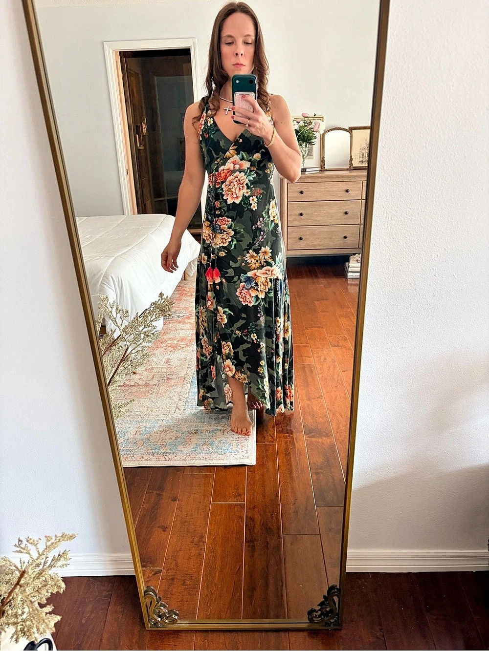 Farm Rio Floral Camo Maxi Dress in Green & Black Like New